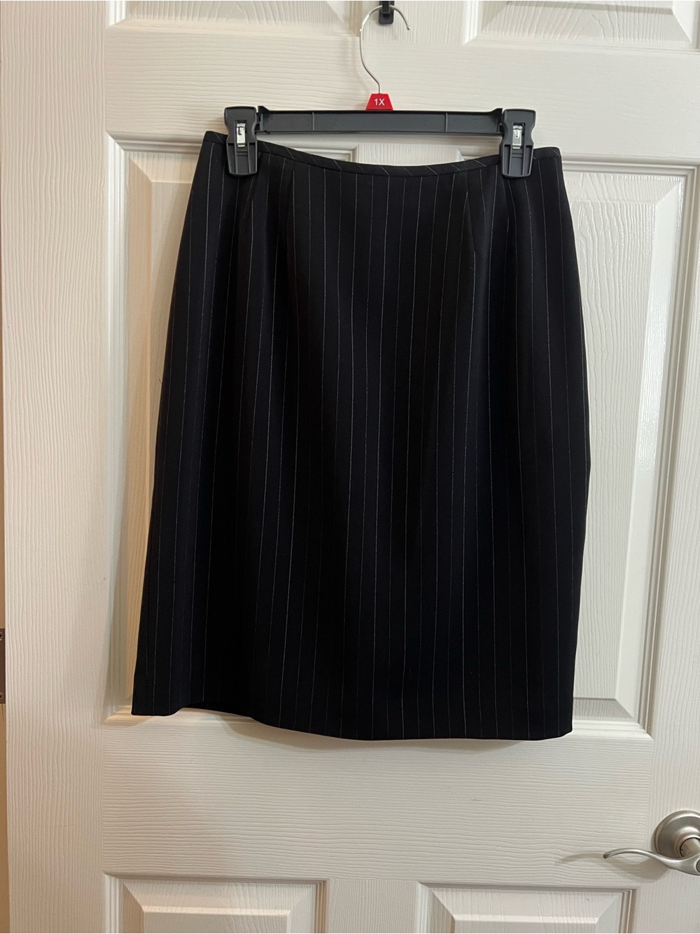 Le Suit Black Pencil Skirt with White Pinstripes